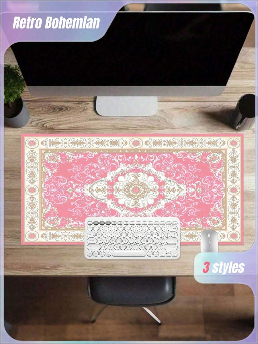 Vintage Bohemian Style Mouse Pad, Luxury Red Desktop Accessory, Extra Large Gaming Mouse Pad, Non-Slip Rubber Base, Computer Mouse Pad, Keyboard Pad, Great Gift, Desktop Accessory, Office Supplies, Office Desk Accessory, Mouse Pad, Desktop Mouse Pad - Pink - View 1