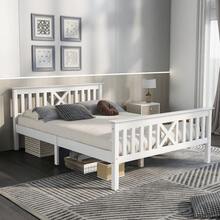 Double Bed, Bed Frame With Rusted Wooden Base - 140 X 200 Cm, Solid Pine, Junior Bed, White - White - View 1