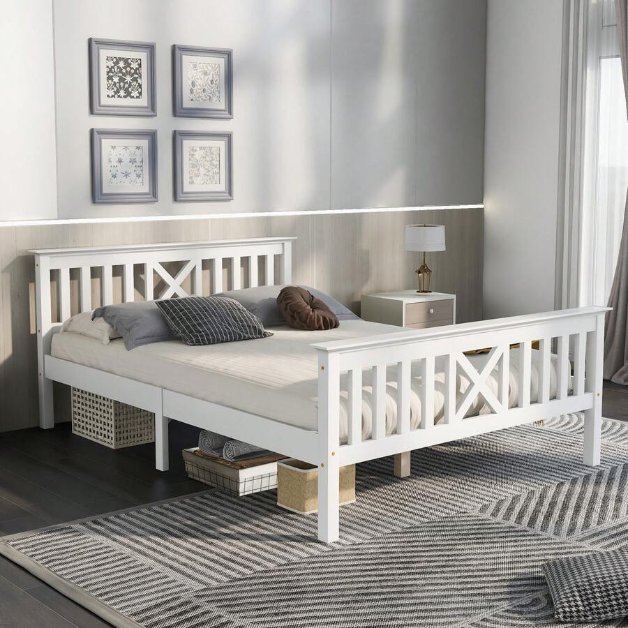 Double Bed, Bed Frame With Rusted Wooden Base - 140 X 200 Cm, Solid Pine, Junior Bed, White - White - View 1