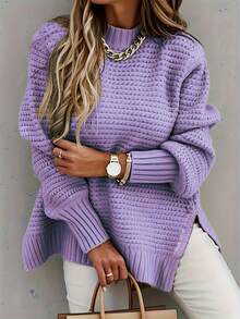 Solid Side Slit Knit Sweater, Casual Long Sleeve Crew Neck Top For Fall & Winter, Women's Plus Size Clothing    Solid Color Stand Neck Pullover Sweater, Elegant Side Split Long Sleeve Knitted Sweater For Fall & Winter, Women's Clothing     Women's Knitted Sweaters Slit Hem Long Sleeve Round Neck Ribbed Loose Fall Pullovers     Ropa De Invierno Mujer     Women's Sweater  Long Sleeve Tops Women - 紫色 - 查看 4