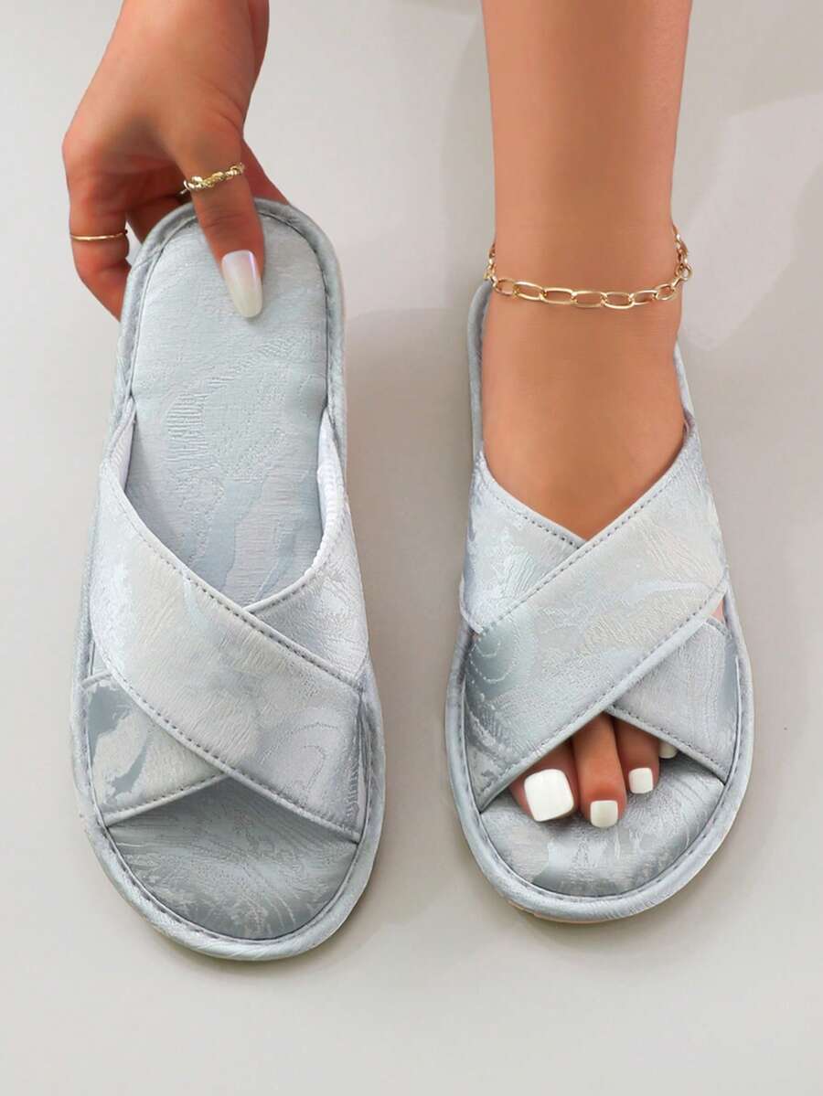 Chinese Style Embroidered Satin Criss-Cross Comfortable & Elegant Women's House Slippers, Non-Slip,Bride Slippers - Light Grey - View 1