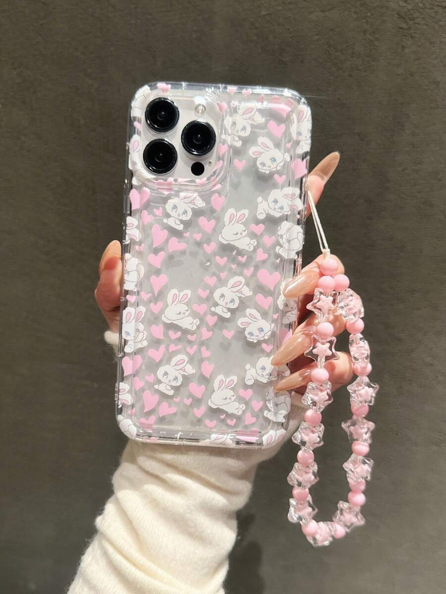 1pc Transparent Shockproof Phone Case With Rabbit & Heart Pattern, Compatible With IPhone 17/16 Pro Max, 11/12/13/14/15 Plus, XR/7/8 Plus, With Starry Lanyard, Great For Valentine's Day & Friendship Gifts - Clear - View 1