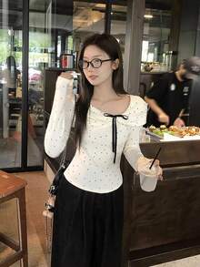 New Korean Style Polka Dot Oblique Collar Long Sleeve Women Blouse With Unique Bow Design, Slim Fit And Versatile - Apricot - View 8