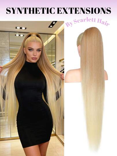 36in Ombre Blonde Straight Ponytail Extension For Women Synthetic Wrap Around Long Clip In Ponytail Hairpiece Natural Soft Heat Resistant Hair Extensions,Drawstring Straight Ponytail, Long Faux Braid,Suitable For Women's Parties,Holiday Gift,Music Festival,Party Hair Accessories, Ideal For Daily Wear