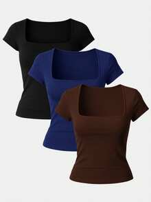 Set Of 3 Women's Short-Sleeve Blouses In Cool Mesh Spandex, Basic Square Neckline - Brown, Navy Blue and Black - View 1