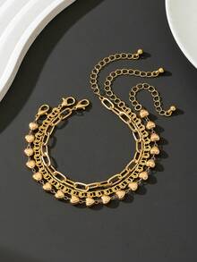 3条可爱简约链条手链，多层金属爱心吊坠手链，女士饰品，适合日常佩戴、派对、春夏场合 - 金黃色 - 查看 7