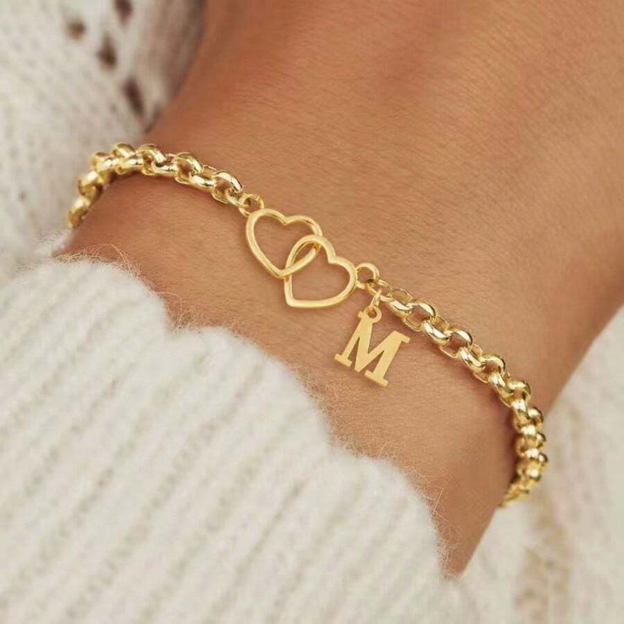 1条新款时尚字母爱心金色不锈钢珠链手链，女士款 - 金黃色 - 查看 1