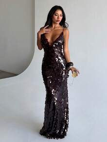 Women's Shiny Sequin Deep V-Neck Spaghetti Strap Mermaid Maxi Dress - Suitable For Galas, Wedding Guests, And Evening Cocktail Parties - Burgundy - View 2