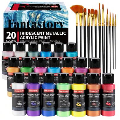  Fantastory Metallic Iridescent Acrylic Paint Set With 12 Brushes, 20 X 2oz Metallic Colors, Color-Shifting, Craft Paint Kit, Metal/Canvas/Rock/Stone/Ceramic/Model/Wood Painting
