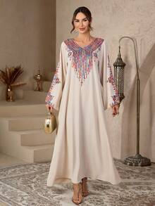 一件装女士穆斯林亮片刺绣长袍罩袍连衣裙，端庄阿拉伯长袍 - 杏色 - 查看 5