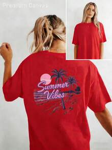 Camiseta de Mujer Estilo Bohemio - Camiseta Impresa% Algodón Suave y Cómoda, Cola de Caballo Dorada Clara con Estampado de Sol y Palmera, Estilo de Calle de Vacaciones de Playa de Verano, Cuello Redondo y Manga Corta, Regalo Perfecto para Mujeres - Rojo - Ver 2