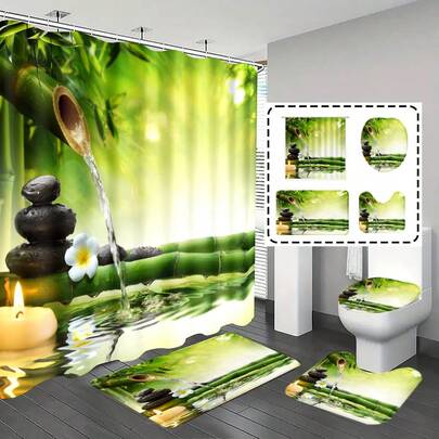 1pc/4pcs Bathroom Curtains Shower Set, Bathroom Decor, Bamboo And Pebble Pattern, Spring Theme, Bathroom Set With 12 Hooks Included