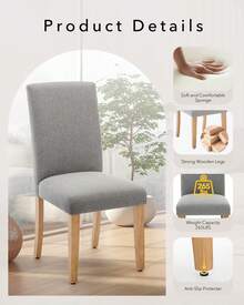 Juego de 2 sillas de comedor modernas, tapizadas en tela, con respaldo curvo, patas de madera resistentes para comedor, cocina y hogar, capacidad de peso de 120 kg, tela fácil de limpiar. - Gris - Ver 3