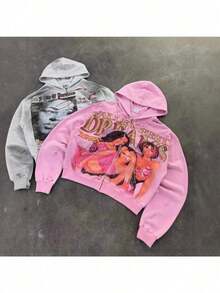 Men's Retro Y2k High Street Hooded Sweatshirt Cardigan Washed Old Couple Men's And Women's Same Style  Hooded Cardigan Sweatshirt - 粉色 - 查看 3