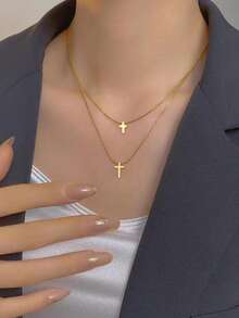 2pcs Fashionable Casual Gold Double Cross Pendant Layered Gold Chain Necklace, Suitable For Women's Daily Wear - Yellow Gold - View 2