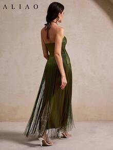 优雅露背流苏连衣裙，修身剪裁，奢华晚礼服，时尚派对礼服，适合春夏、假期、节日、海滩、派对、复活节等场合。 - 軍綠色 - 查看 6