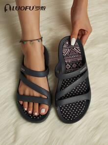 New LUOFU Fashion Summer Women's Printed Slippers With Comfortable Rubber Midsole, Outdoor Casual Flip Flops, Beach Sandals With Anti-Slip Sole For Home Wear - Blue - View 7