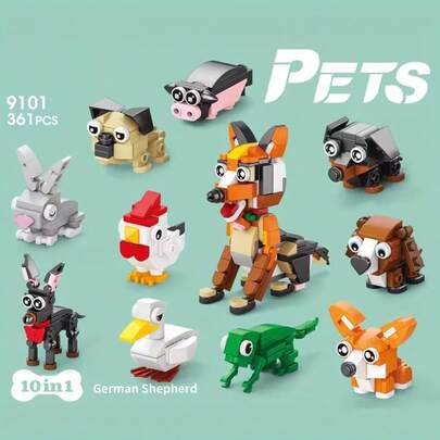 361pcs 10-In-1 Pet Animal Building Block Set - DIY German Shepherd Dog & Mini Animal Brick Blocks, Adult Stress Relief Toy, Focus Hobby And Desktop Decor, Ideal For Valentine's Day, Easter And Birthday Gifts