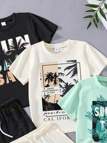 3pcs Toddler Set: Palm Tree Print Short Sleeve T-Shirt And Shorts, Summer Outfit - Multicolor - View 3