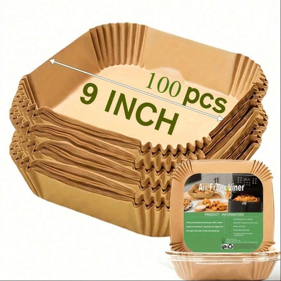 100pcs, Air Fryer Disposable Paper Liners, 9 Inch, Round And Square Parchment Paper Liner For 5-8QT Air Fryer, Oil-Proof, Water-Proof, Parchment Baking Paper For Kitchen Baking Roasting Microwave - Ginger - View 1