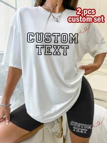 Conjunto Personalizado de Top de Manga Curta com Decote Redondo e Shorts para Mulheres. Conjunto de Camiseta Personalizada e Shorts Esportivos, Presente Perfeito para Namorada, Também Adequado para Casais, Aniversário, Dia dos Namorados, Dia das Mães, Aniversário e Férias de Verão - Preto e Branco - Visão 1