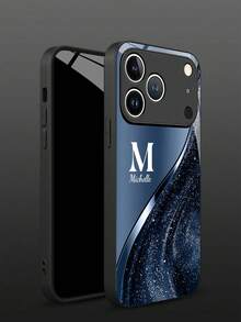 1pc Customizable Text & Letter Design Gradient Color Base With Flowing Glitter Texture Tempered Glass Phone Case, Compatible With Iphone 17 ProMax/17 Air/15/16 Pro/14 Plus/13 Pro/12 Pro Max/11/Xs Max/8/7/6 Plus, S24 Ultra/S25 Ultra/A12, Fashion Business Customization, Personalized And Creative Design, Best Gift For Girlfriend/Best Friend - Black - View 6