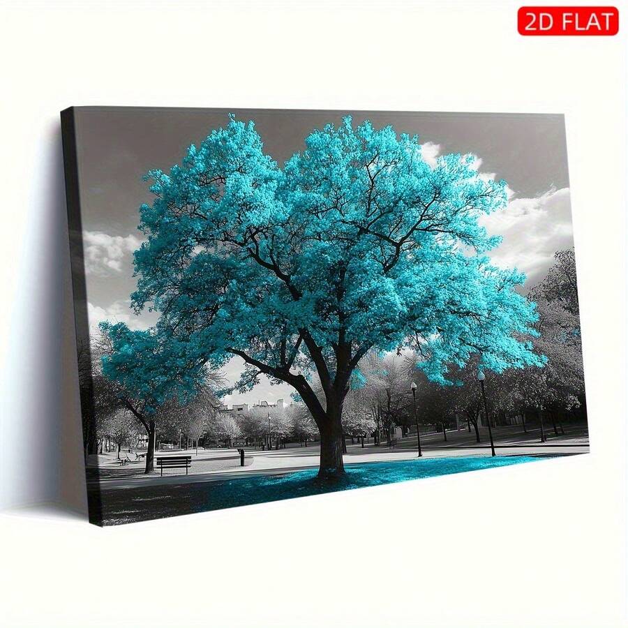 Turquoise Tree Canvas Wall Art - Modern Minimalist Black & White With Turquoise Accent, Framed Painting, Sturdy Wooden Frame Living Room, Bedroom, Office Decor - Housewarming Wedding Idea, House Decor, Fingerprintsfriendly Material, Home Decoration, Highquality Print, Decorative Artwork, Home Decorators, 2D Flat, Room Decor - 1 - View 1