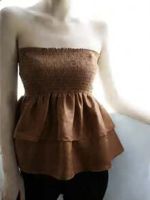 T110 Cropped Blouse With Elastic And Ruffle - Brown - View 2