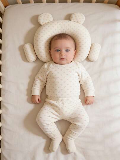 1个升级版透气卡通熊形婴儿枕，矫正头型，适合0-12个月新生儿，舒适吸湿，可爱U型防扁头枕，四季皆宜日常使用