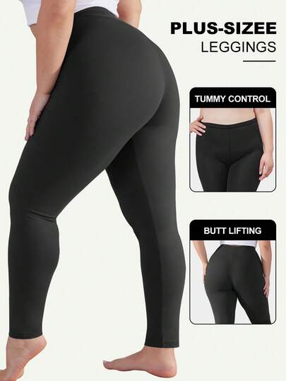 Plus Size Women's Elastic Leggings, Soft Full Length High Waist Lightweight Basic Yoga Skinny Pants