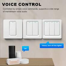 1 个欧盟标准智能开关，无需零线（单线兼容），DS-102JL WiFi 和蓝牙墙壁开关，分体式快速安装设计，1/2/3/4 位，每位最大功率 400W，兼容 Alexa、Tuya 和 Yandex Alice，支持 APP 远程语音控制和定时器，易清洁 PC 面板，黑白配色 - 白色 - 查看 3