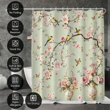 Bird, Flower, Tree Branch Printed Bathroom Shower Curtain, Floral Bathroom Decor - Multicolor - View 2