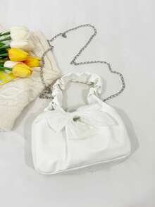 女士蝴蝶结装饰褶皱链条单肩包，适合日常通勤、旅行、购物、休闲外出 - 白色 - 查看 10