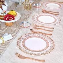 50/25/14/7/1 Pcs Set Rose Gold Hollow Dinnerware, Food Trays, Fruit Salad Plates, Dinner Plates, Plates, Reusable Salad Serving Set, Washable, Easy To Clean. Suitable For Wedding Decor, Christmas Decor, Birthday Party, Family Gathering, Outdoor Team Building, School, Restaurant And Kitchen Party Tableware, Home School Seasonal Gift - White Background - View 6