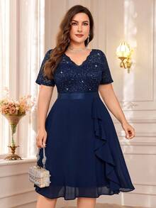 MISSMAY 优雅V领亮片蕾丝拼接雪纺荷叶边摆裙，适合鸡尾酒会、夏季、婚礼宾客等场合，也适合生日、毕业典礼、返校节等派对。 - 藏蓝色 - 查看 1