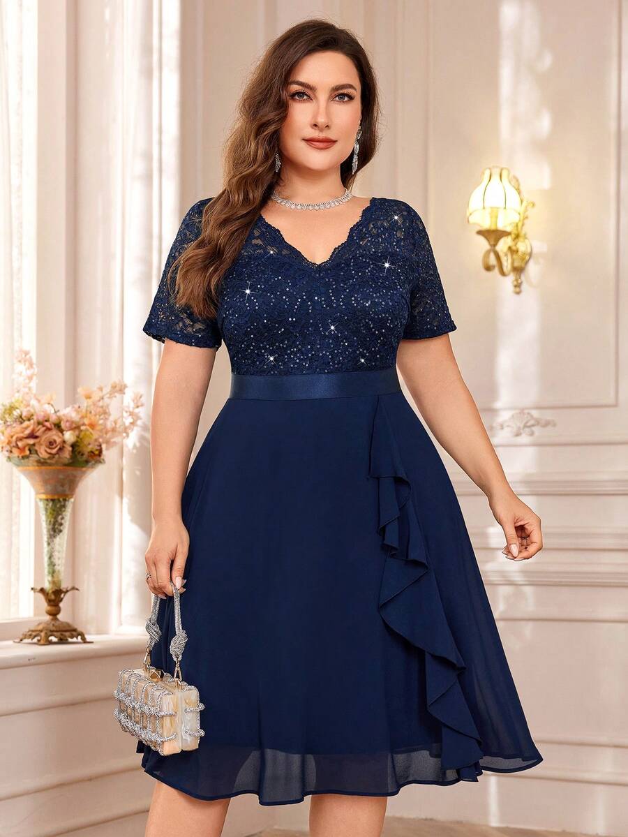 MISSMAY 优雅V领亮片蕾丝拼接雪纺荷叶边摆裙，适合鸡尾酒会、夏季、婚礼宾客等场合，也适合生日、毕业典礼、返校节等派对。 - 藏蓝色 - 查看 1