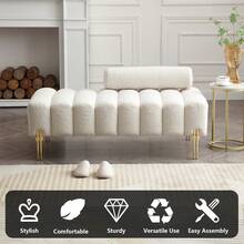 Mikibama 53.2" Width Ottoman Bench, Teddy Upholstered Modern Loveseat Sofa With Metal Legs, Comfy Love Seat Couches With Adjustable Backrest, End Of Bed Bench For Bedroom, Entryway - 米色 - 查看 6