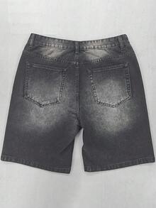 牛仔短裤，直筒及膝短裤，棉质破洞牛仔短裤，休闲街头风牛仔裤，适合日常通勤和夏季穿着 - 黑色 - 查看 5