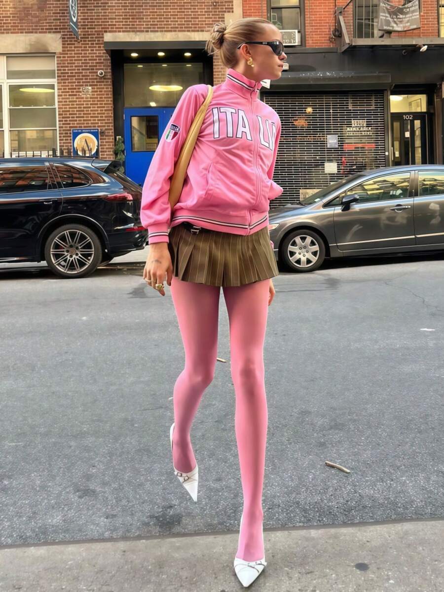 1双女士闪亮极光黑色丝袜/连裤袜，色彩艳丽性感薄款防勾丝透明亮面紧身裤，耐穿且高度透明，可修饰腿部线条，适合日常穿着、约会、外出，时尚性感丝袜 - 粉色 - 查看 1