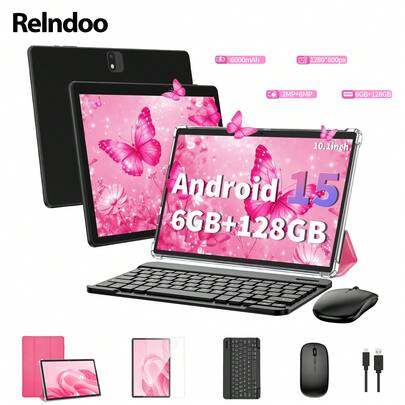 Relndoo Tablet Android 15 2-In-1 Tablet PC, (6GB+20GB) RAM+128GB ROM, 10.1 Inch Tablet With Mouse, Leather Case, Stylus, Protective Film, Cable, RK3562 Quad-Core 2.0 GHz, 5G WiFi, Dual Camera, HD Touchscreen, 6000mAh, Type-C Charging, Students And Business Tablet, Tablet, Pad, Tablet 2026 New-PINK
