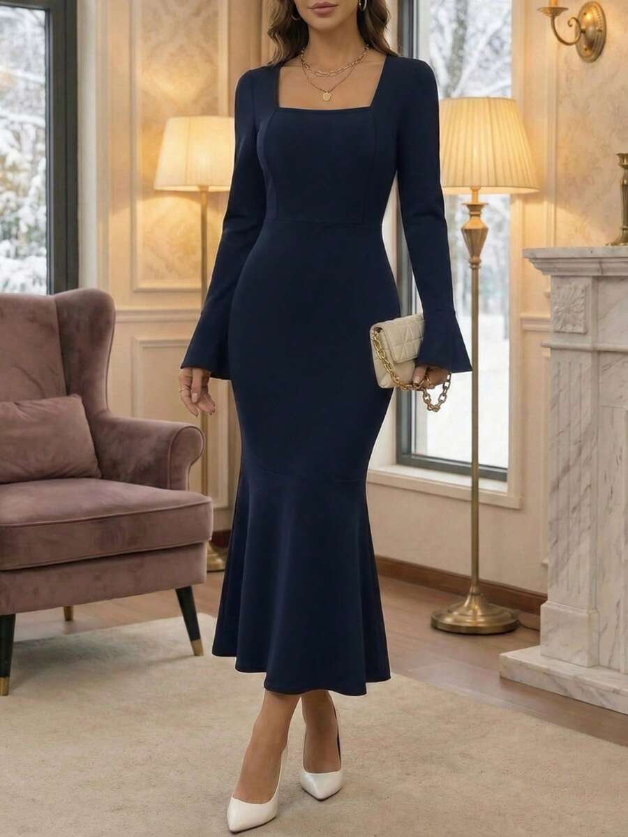 Elegante vestido de tubo de color liso con mangas de campana para uso diario - Azul Marino - Ver 1