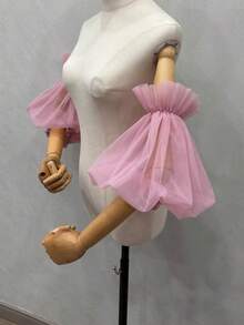 1 件粉色双层网眼泡泡袖腕带，带 2 个弹性压褶，适用于新娘装饰，中长款秋季配饰 - 彩色 - 查看 14