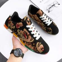 Men's Fashion Traditional Dragon Embroidery Canvas Shoes, Comfortable Rubber Sole Walking Shoes (Shoe Pattern Placement Random) - Black - View 3