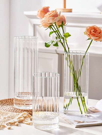 1 pièce Vases en cylindre en verre Porte-bougies en verre rayé haut Vases à fleurs transparents pour centres de table Décoration de table à la maison Décorations de mariage et de fête