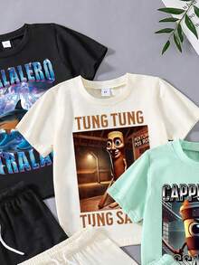 3pcs Toddler Cartoon Print Short Sleeve T-Shirt And Shorts Set - Multicolor - View 3