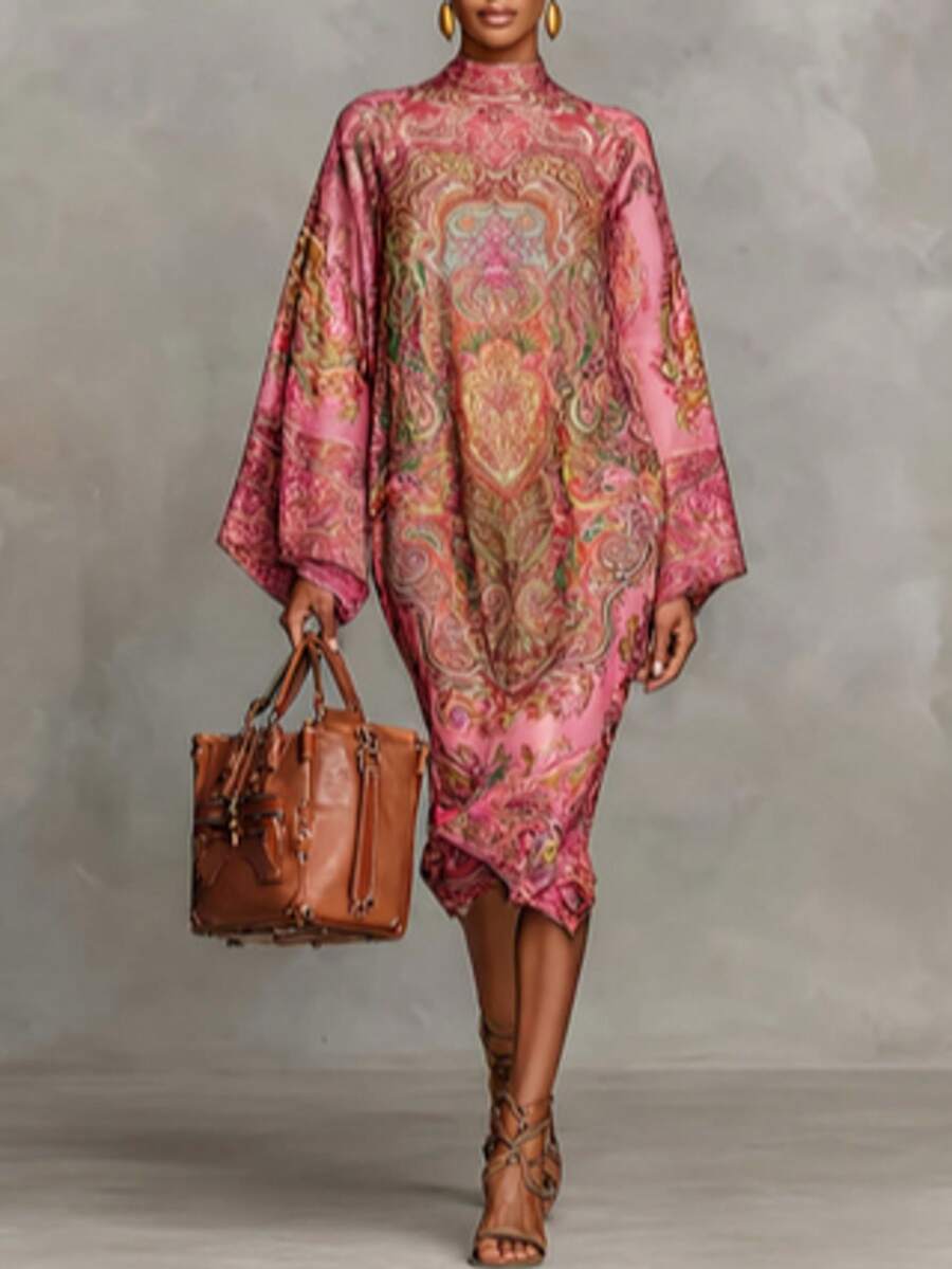 女士高领佩斯利印花喇叭袖中长连衣裙，保守优雅春季款 - 彩色 - 查看 1