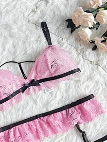 Romantic Pink Lace Lingerie Set - Sexy Deep V Bra And Panty With Black Bow, Suitable For Date Night - Pink - View 3