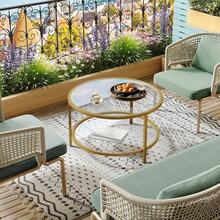 Mesa de centro redonda de vidrio de 2 niveles con estante de almacenamiento para espacio grande o pequeño, mesa central moderna simple con marco dorado para sala de estar, oficina en casa, - Mesa de centro de dos niveles-negro - Ver 7