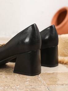 Plus Size Women's High Heel Pumps, Thick Heel Metal Buckle Fashion Shoes, Mary Jane Leather Shoes, Brown Comfortable Chunky Heel Square Toe Pumps, Elegant Black High Heels, Business Casual Formal Shoes - Black - View 7