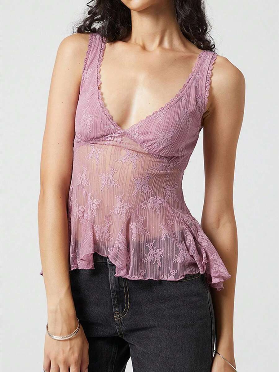 Women Summer Sleeveless Lace Floral Tank Tops V Neck Sheer Mesh Embroidered Ruffle Hem Tops Y2K Night Out Shirts - Màu tím - Xem 1